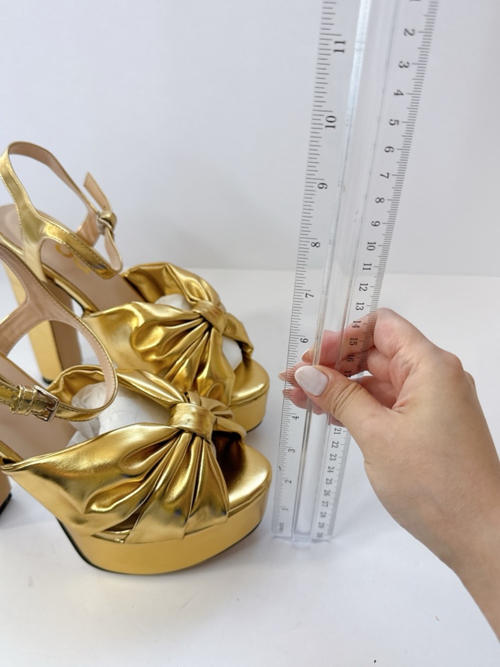 Size 7 FSJ Gold Bow Platform Heels Women’s Metallic Slingback Pumps Party Shoes - Picture 8 of 14